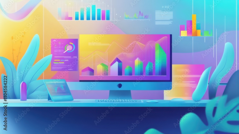 Poster vibrant abstract workspace with data visualization and charts
