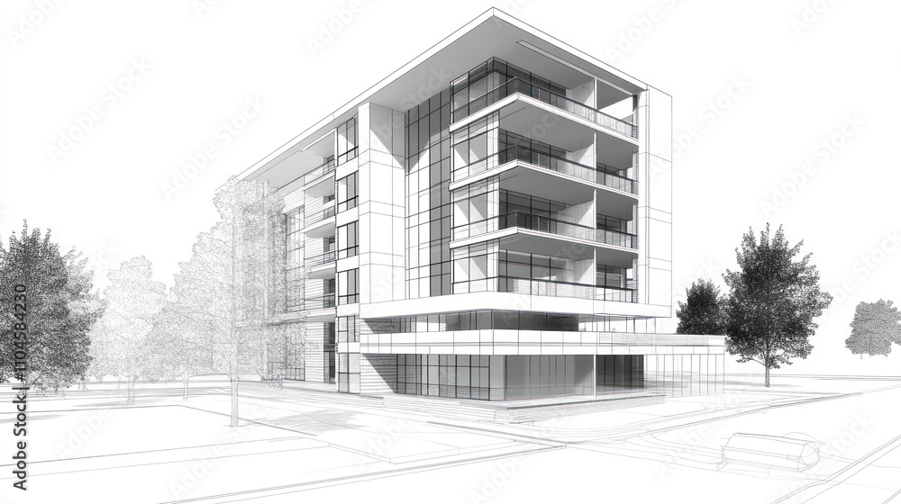 Poster a modern architectural design of a multi-story building with balconies and large windows.
