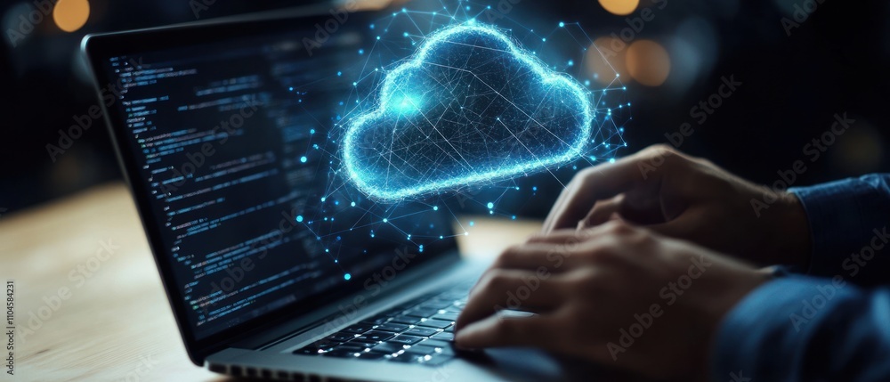 Poster a person typing on a laptop with a digital cloud graphic above, symbolizing cloud computing.