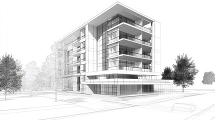 Fototapeta premium A modern architectural design of a multi-story building with balconies and large windows.