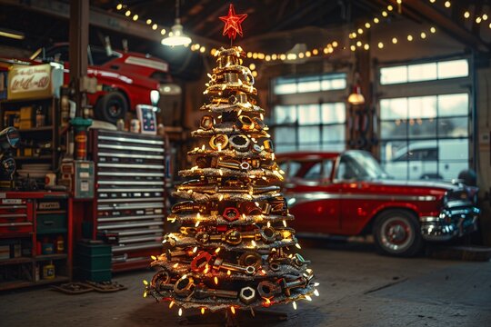 An eye-catching holiday tree constructed from tools and gear stands in a vintage garage. The festive decoration glows with lights, surrounded by classic cars and garage decor