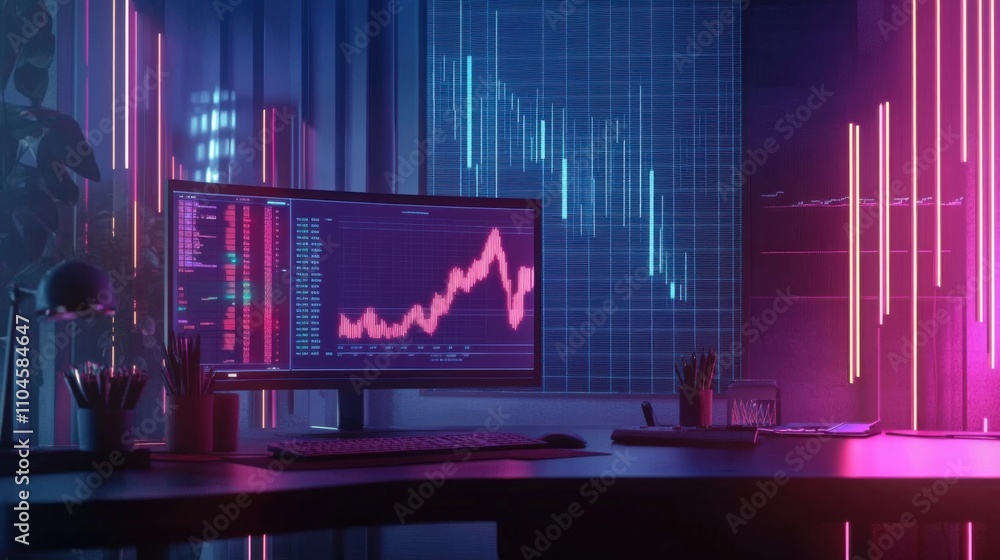 Poster modern workspace with computer monitor displaying financial data trends