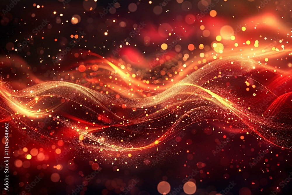 Poster dynamic waves of red and gold shimmer and flow against a dark backdrop, creating a captivating abstr