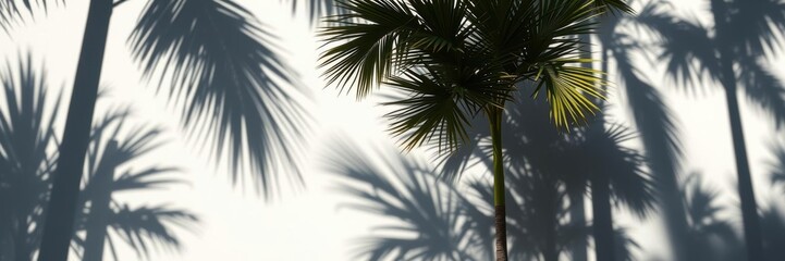 Fototapeta premium Shadows of palm tree leaves cast on a clean white wall, shadows, silhouette