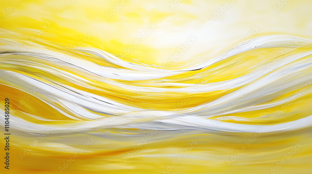 Poster waves of vibrant yellow and white light radiating across a soft background in an abstract design
