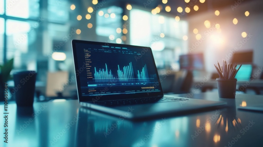 Poster modern workspace with laptop displaying data analytics graphs
