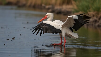 Fototapeta premium White stork with spread wings in shallow water.