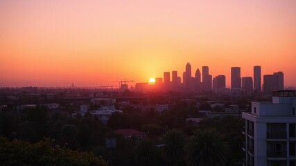 Fototapeta premium beautiful sunset over downtown Los Angeles cityscape with palm trees in foreground, sunset, evening glow