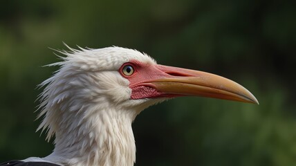 Obraz premium Close-up profile of a white bird with a long orange beak and red facial features against a blurred green background.