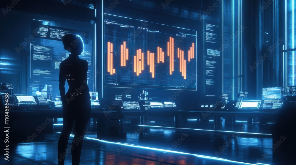 Poster futuristic digital workspace with silhouette and data visualization