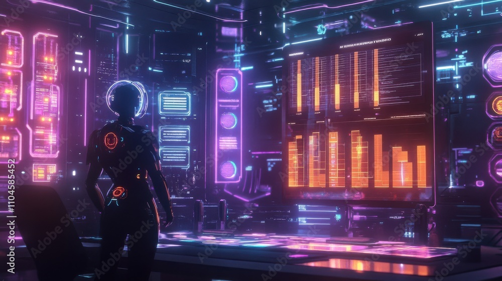 Poster futuristic control room with neon lights and high-tech interfaces