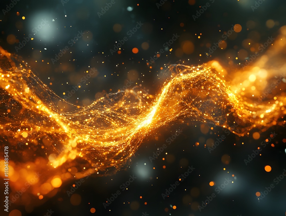 Aufkleber abstract glowing waves of golden light with sparkling particles on a dark background.
