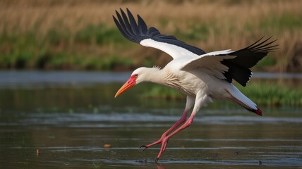 Fototapeta premium White stork landing near water.