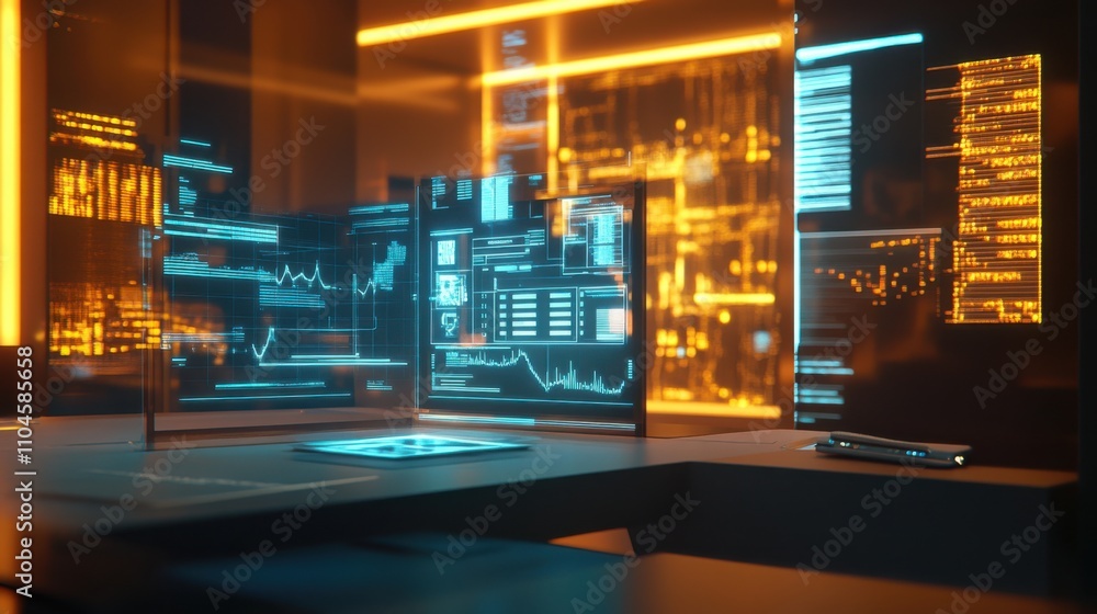 Aufkleber futuristic workplace with transparent screens and data visualizations