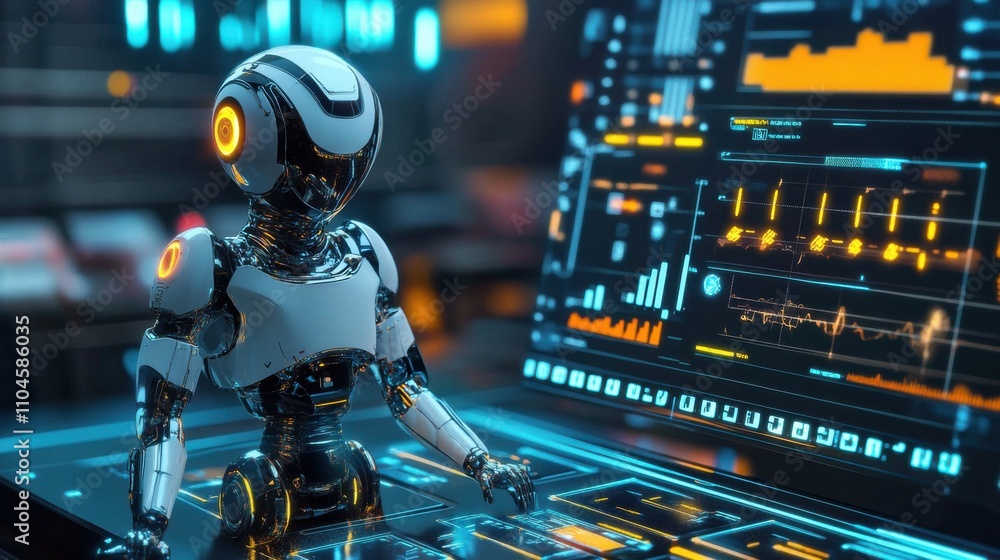 Poster futuristic robot interacting with advanced digital interface and data