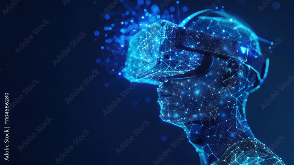Poster a digital representation of a person wearing a vr headset, surrounded by a network of data points.