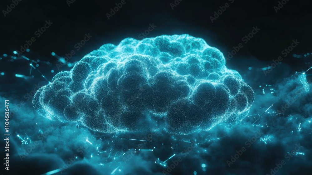 Poster ethereal digital cloud with neon glow and floating particles