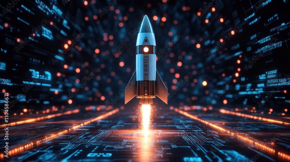 Aufkleber a futuristic rocket launching amidst a digital backdrop of glowing data streams.