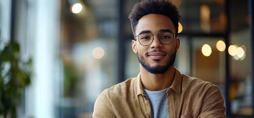 Fototapeta premium Confident Young Man Smiling in a Modern Workspace with Natural Light