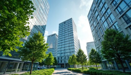 Obraz premium Modern eco-friendly city office buildings stand tall surrounded by rich green plants. Trees, plants create living wall around buildings. Sunny day. Urban design concept. Sustainable architecture.