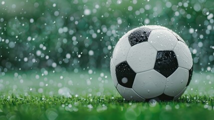 A soccer ball glides across the field, sending splash drops flying in an exciting stadium scene.
