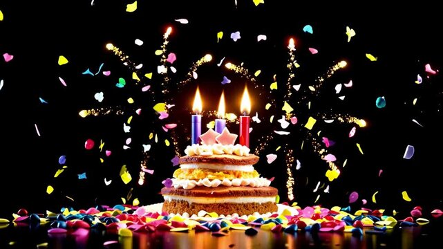 Delicious birthday cake with animated candles, fireworks, and colorful confetti falling on black background