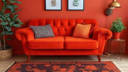 Vibrant Orange Velvet Sofa in Red Room Interior Design,  Cozy Home Decor with Plants and Rug