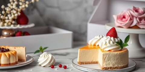 Close-up shot of a slice of cheesecake with a dollop of whipped cream atop nestled among slices of cake and pastries, pastry box, cake table