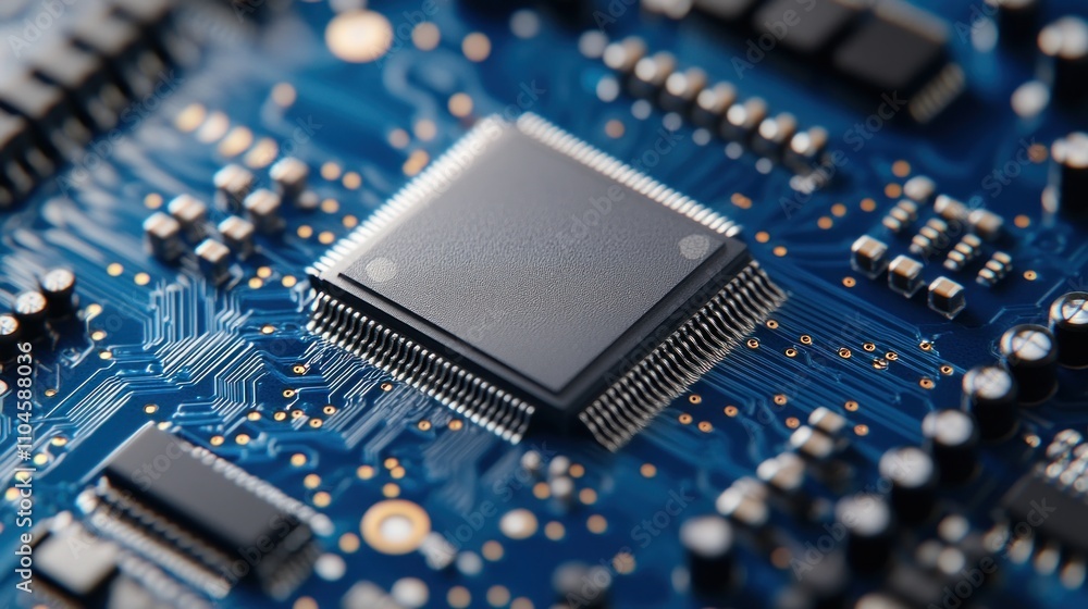 Poster close-up of a microchip on a circuit board, highlighting technology and electronics.