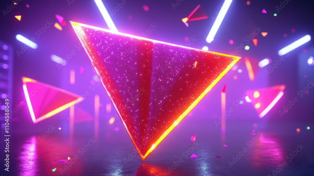Aufkleber a vibrant, glowing triangular shape surrounded by colorful particles in a futuristic setting.