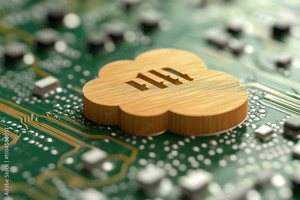 Poster wooden cloud computing icon on circuit board, digital infrastructure and data storage in eco-friendl