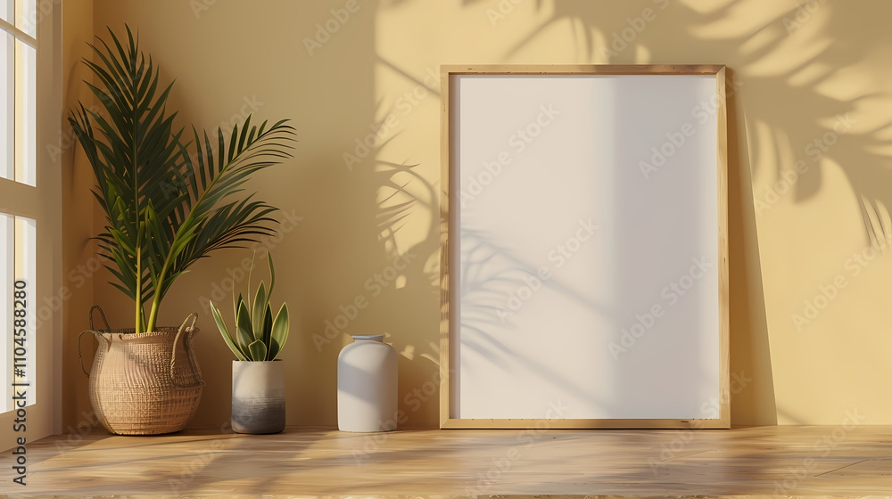 Poster sunlight mockup: a wooden frame mockup with a blank canvas perfect for showcasing your designs. the 