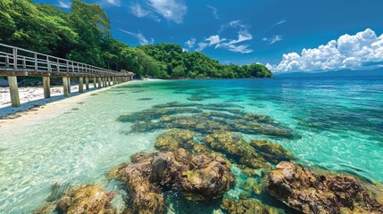 Fototapeta premium Serene Beach and Clear Waters with Lush Greenery