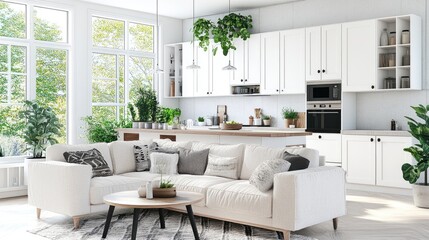 Modern Bright Living Room with Natural Light and Greenery Decor
