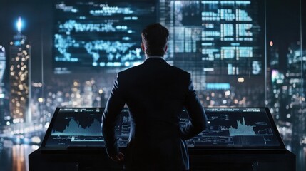 Fototapeta premium Business Professional Analyzing Data at Night in Urban Environment