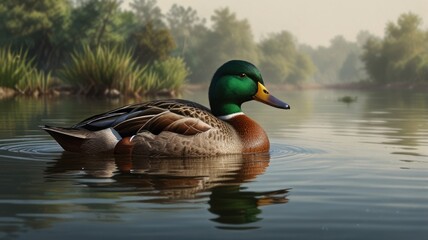Fototapeta premium Male mallard duck swimming calmly on a tranquil river, reflecting in the still water, surrounded by lush greenery and a misty atmosphere.