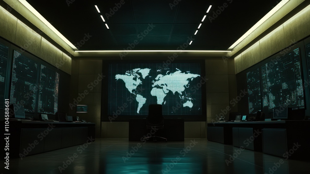 Poster a dark command center featuring a large world map display and multiple workstations.