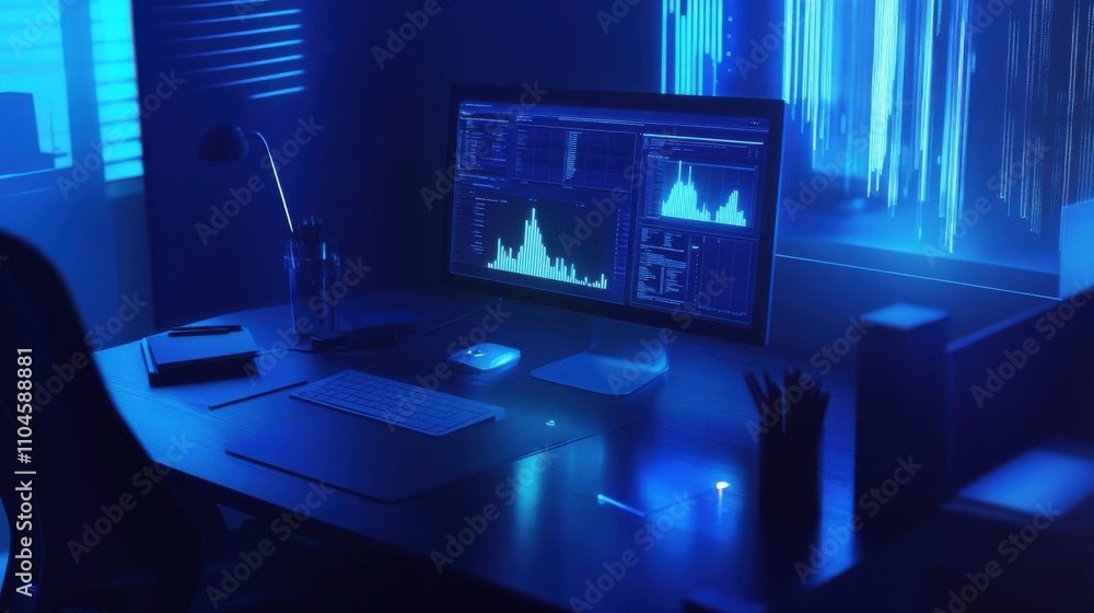 Poster high-tech workspace with blue ambient lighting and data visualization