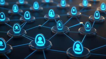 Digital network of user icons connected by lines, symbolizing social interaction and connectivity.