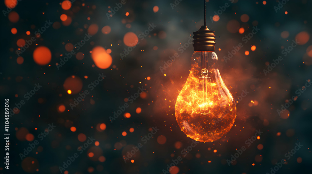 Poster burning lightbulb, fiery abstract background image, illuminated glass bulb with intense flame effect