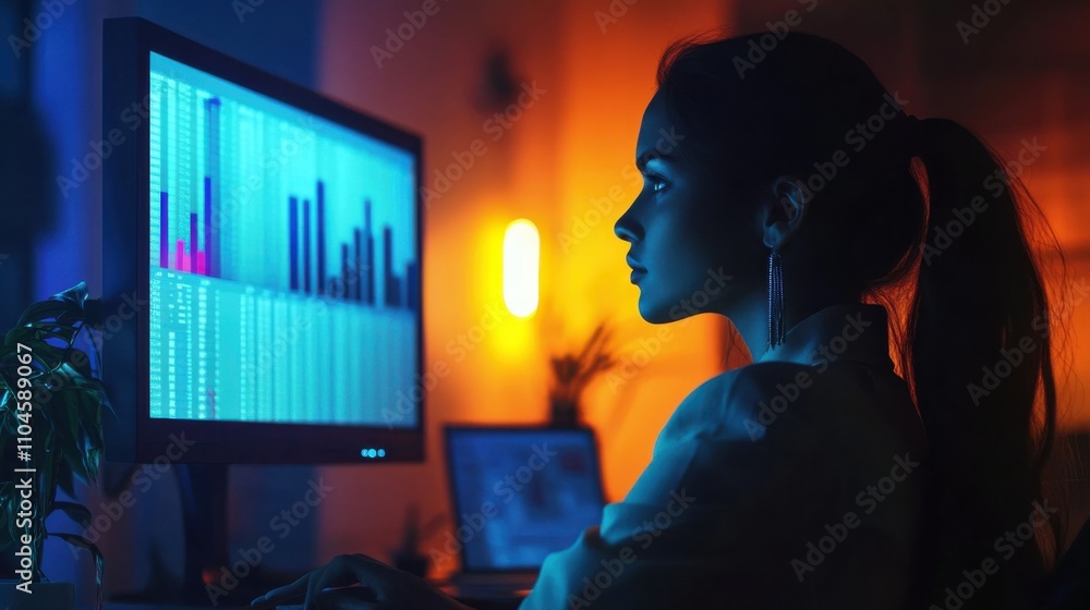 Poster woman analyzing data on computer screen in low light setting