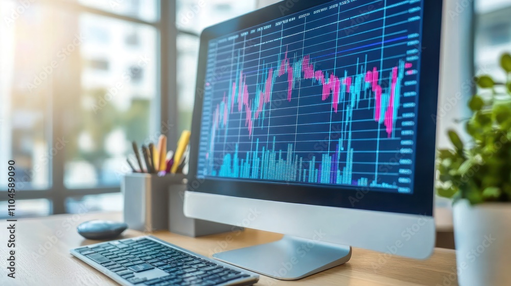 Poster a computer displaying stock market data with a plant and stationery on a desk.
