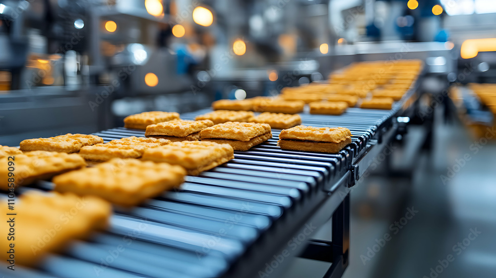 Poster automated waffle cookie production line, crispy treats moving on conveyor belt in factory setting