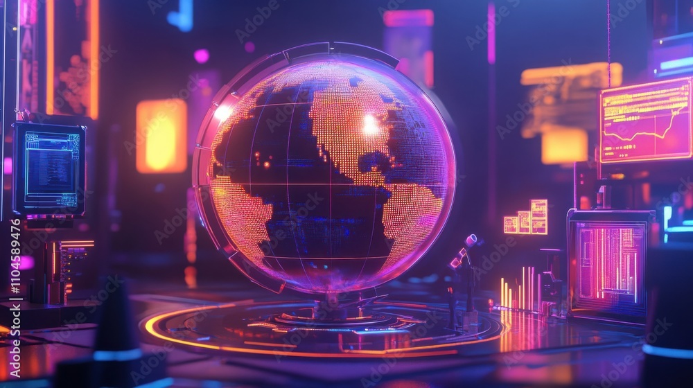 Poster digital globe with neon lighting and data visualization elements