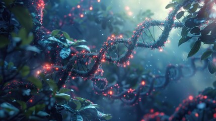 Glowing DNA helix in plant.