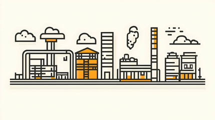 Industrial Complex,  Linear Illustration of a Factory Skyline, Buildings and Smokestacks Depicting Urban Production