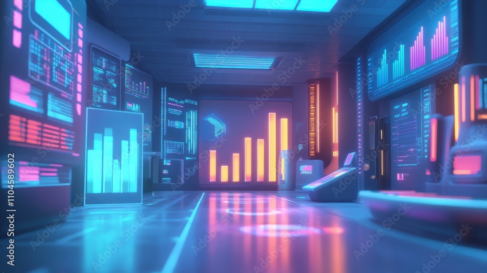 Poster futuristic data center with neon lights and analytics dashboards