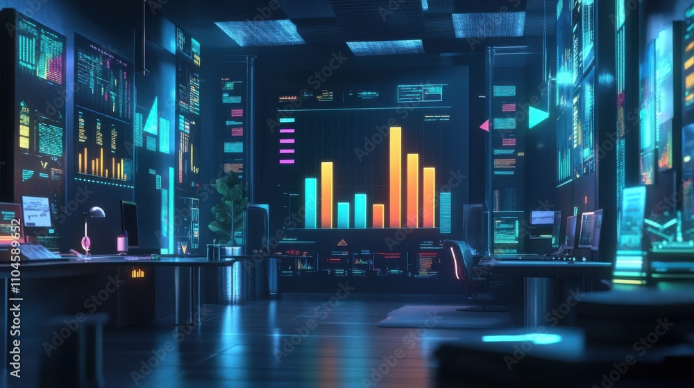 Poster modern high-tech office with data visualization and analysis screens