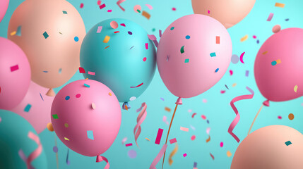 Glossy 3D pastel-colored balloons in light lavender, mint, and peach hues float gracefully, with sparkling confetti and tiny stars creating a dreamy celebratory vibe.