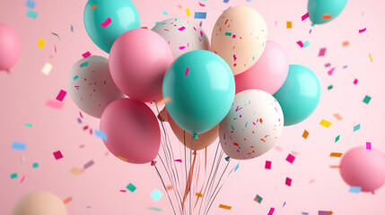 3D-rendered pastel balloons in soft pinks, blues, and yellows gently float upward, surrounded by shimmering confetti and twinkling tiny stars, perfect for a sweet celebration.